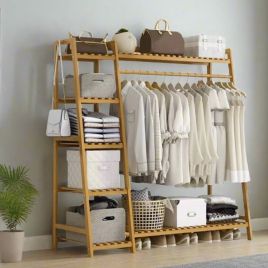 BRIVANE Clothes Rack Bamboo Storage Rack with Shelves and Hanging Rail - Natural