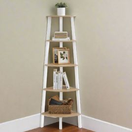 ELDORIA Corner Shelf 5-Tier Oak and White Ladder Display Unit for Living Room or Bedroom - Oak and White