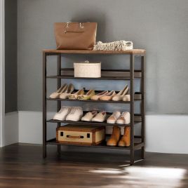 KESTRELLE 5-Tier Wooden Shoe Rack with Metal Frame - Rustic Brown and Black