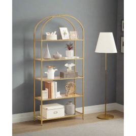ELDORIA Display Shelf 5-Tier Arched Glass Storage Unit with Steel Frame - Gold