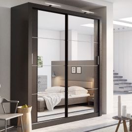Sliding Wardrobe - IRVINE 2 Door Mirrored Wardrobe Black Matt 181cm