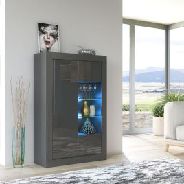 Modern Sideboard Cabinet with High Gloss Doors and Free LED 140cm - Dark Grey
