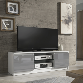 TEMELA Modern TV Unit Compact Cabinet with High Gloss Doors 130cm - White with Grey