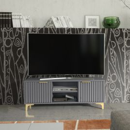 ZAMBA Modern TV Unit Cabinet Elegant Fluted Doors And Gold Accents 120cm - Grey