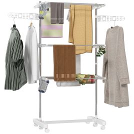 Cloths Drying Rack - 3 Tier Foldable Clothes Drying Rack with Wheels White 142cm