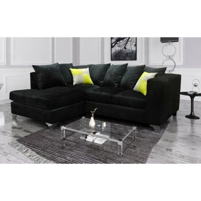 NEYMAR Plush Velvet 4 Seater L Shaped - Left Hand Facing Corner Sofa - Black