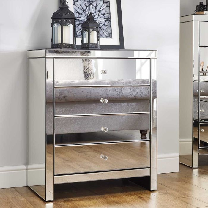 Silver Chest of Drawers - SUTTON Medium Chest 4 Drawers Mirrored