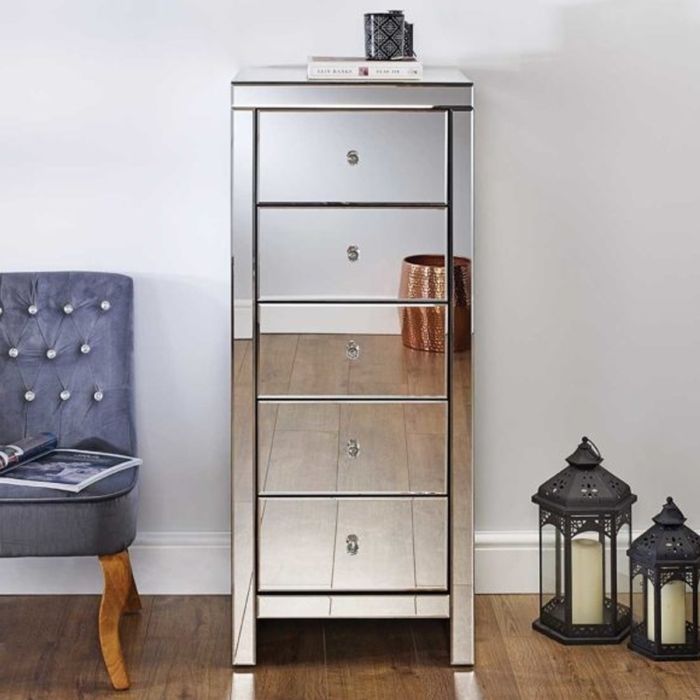 Silver Chest of Drawers - SUTTON Tallboy Large Chest  5 Drawers  Mirrored