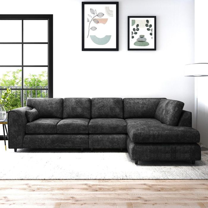 LORVANI Fabric Large 5 Seater L Shaped Fullback Corner Sofa - Dark Grey, Right Hand Facing