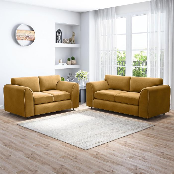 DELANO Plush Velvet 3 and 2 Seater Fullback Sofa Set - Mustard