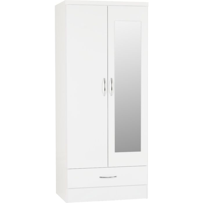 NEWBIGGIN 2 Door Mirrored Wardrobe with 1 Drawer White Gloss - 78cm