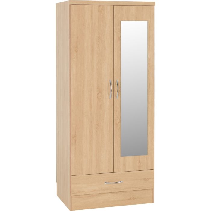 NEWBIGGIN 2 Door Mirrored Wardrobe with 1 Drawer Medium Oak - 78cm