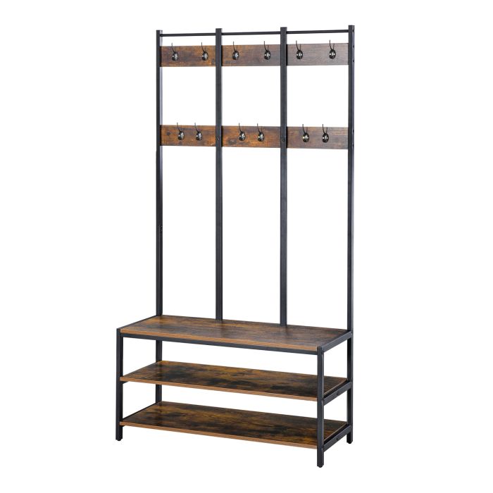 Coat Rack Stand, Free Standing Hall Tree, Coat Stand with Hooks, Bench and Shoe Rack, 100cm x 40cm x 184cm, Rustic Brown and Black