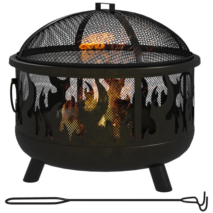 Metal Firepit Bowl Outdoor 2-In-1 Round Fire Pit w/ Lid, Grill, Poker, Handles for Garden, Camping, BBQ, Bonfire, Wood Burning Stove, 61.5 x 61.5 x 52cm, Black