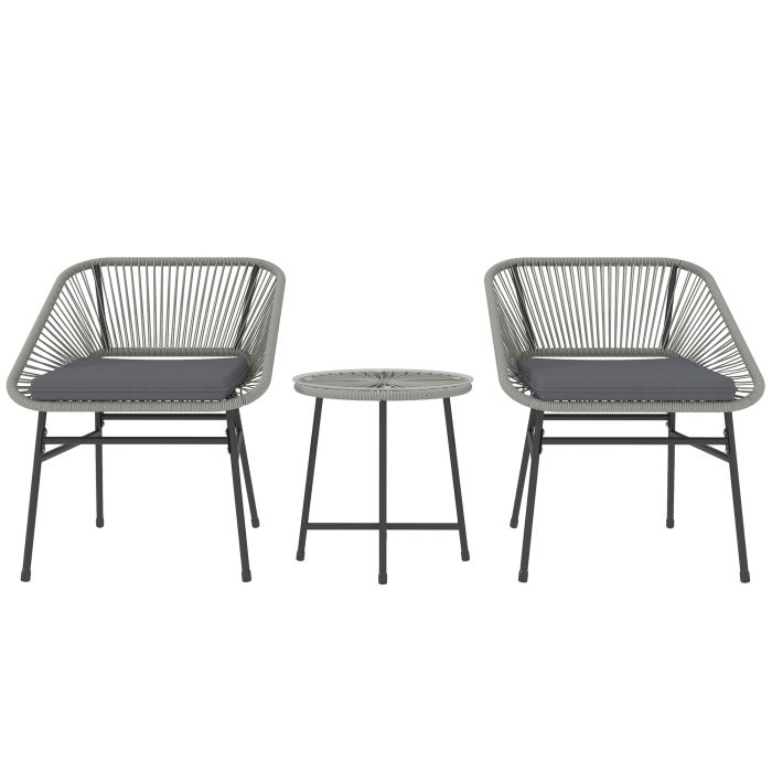 SUNVISTA 3 Pieces Rattan Bistro Set, Wicker Small Garden Table and Chairs Set with Cushions and Glass Top Coffee Table, Light Grey