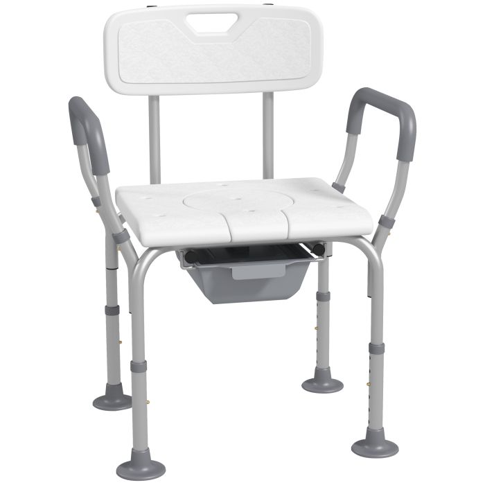 Height Adjustable Shower Stool with Arms and Back, Non-Slip Bedside Commode with Detachable Bucket, White