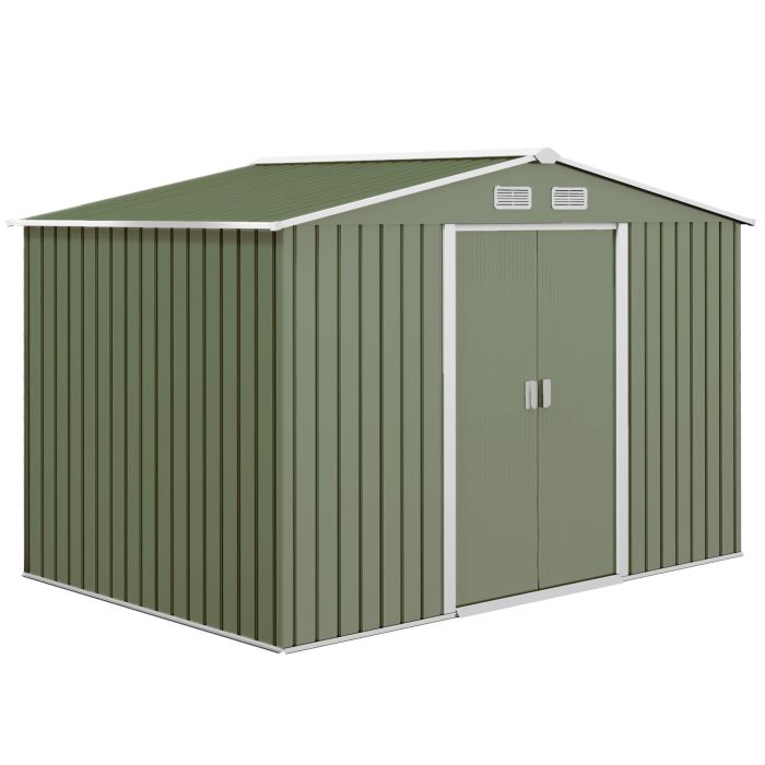 9 x 6 ft Metal Garden Storage Shed Corrugated Steel Roofed Tool Box with Foundation Ventilation and Doors, Light Green