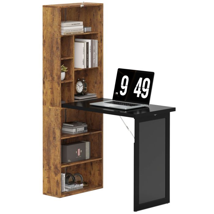HERON Folding Desk with Blackboard Multi-function Computer Office Workstation Side Shelf for Home Office, Rustic Brown
