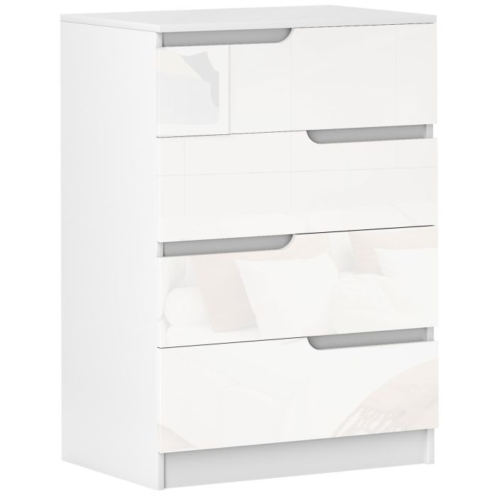 HERNE White Chest of Drawers - Medium-sized, Narrow, 4 Drawers, High Gloss Drawers