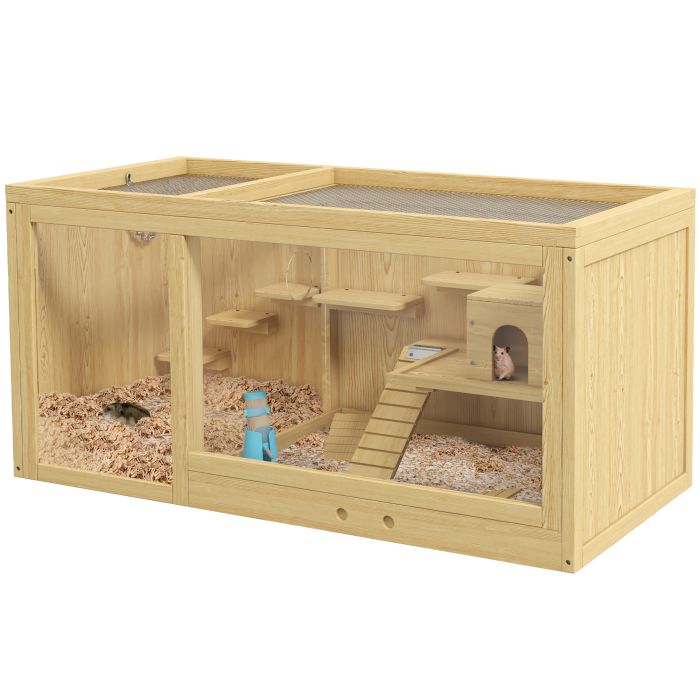 PAWSTER Wooden Hamster Cage with Water Bottle, Platforms, Openable Roof, Sliding Tray, Hut, Seesaws, Natural Wood Finish