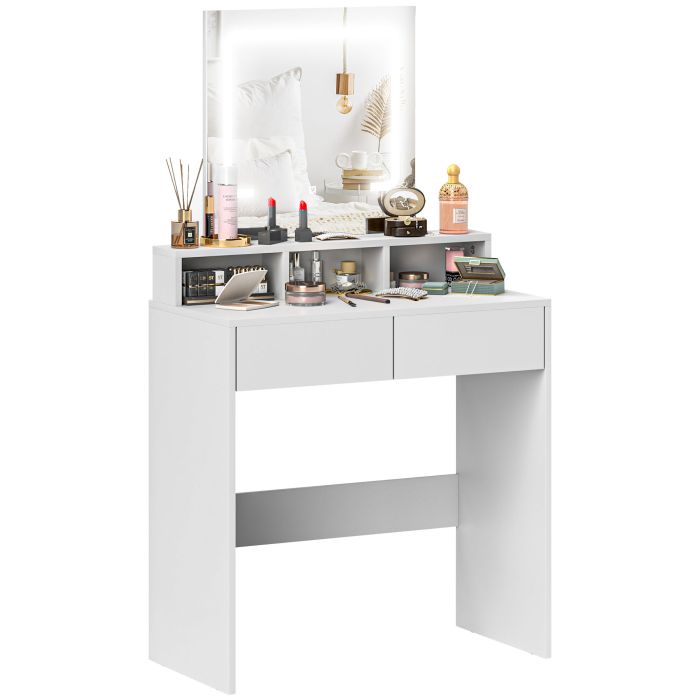 HERON Dressing Table with Mirror and LED Lights, Vanity Table with 2 Drawers, 3 Compartments, 3 Colour Lighting, White