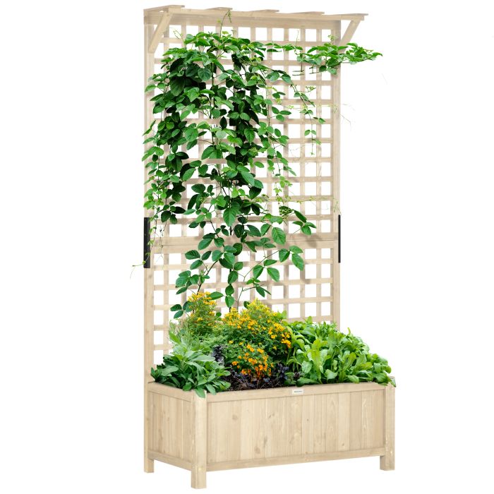 Raised Bed with Drainage Holes, Wood Planter with Trellis for Climbing Plants to Grow Vegetables, Flowers, Natural