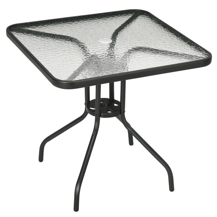 Square Patio Table, Tempered Glass Top Bistro Table, Garden Dining Table, Outdoor Accent Coffee Table 76 x 76cm Steel Frame w/ Umbrella Hole
