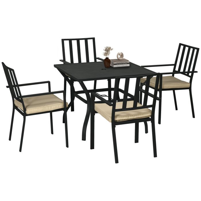 5 Pieces Garden Dining Set with Cushions, Outdoor Table and 4 Stackable Chairs, Metal Top Table with Umbrella Hole, Black