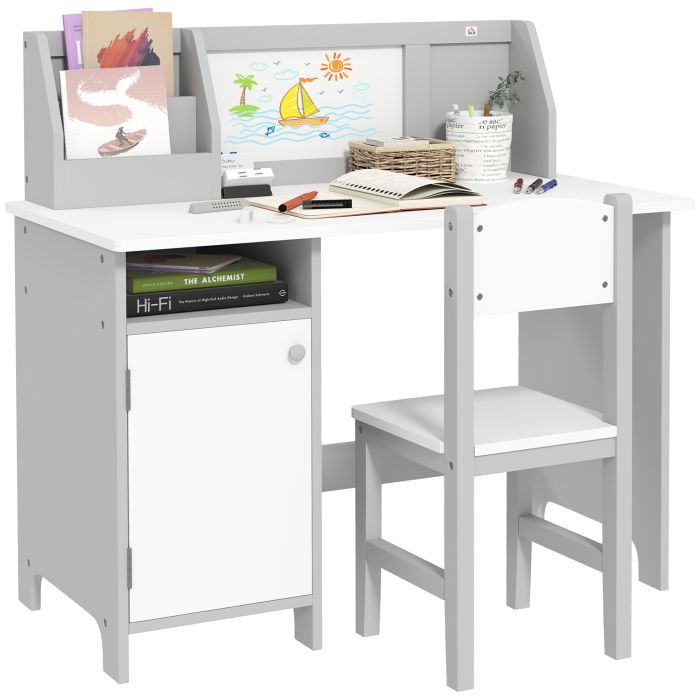 Kids Table and Chair Set with Whiteboard - Grey