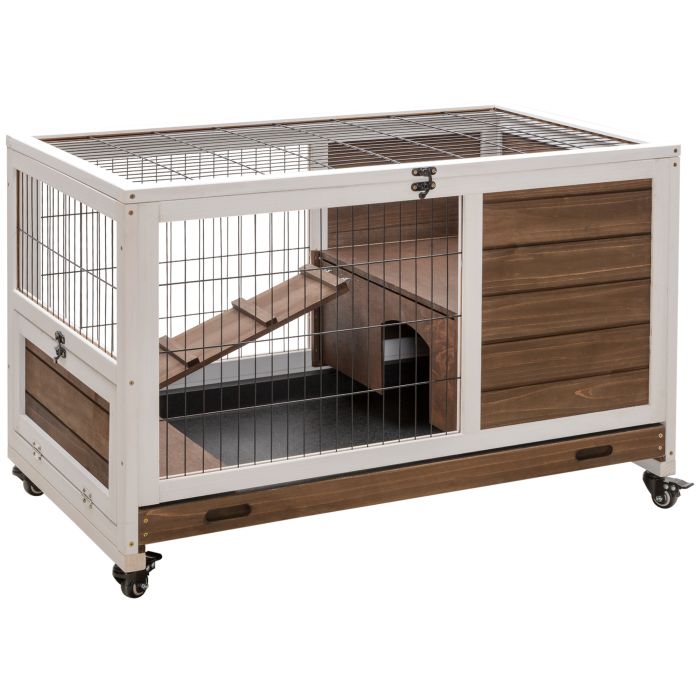 Wooden Indoor Rabbit Hutch w/ Enclosed Run Brown