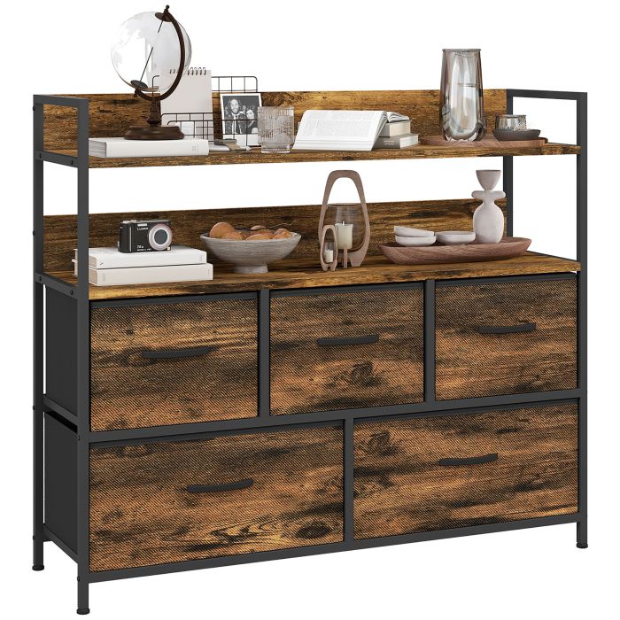 WENZA Oak Finish Fabric Chest of Drawers - Large-sized, 5 Drawers