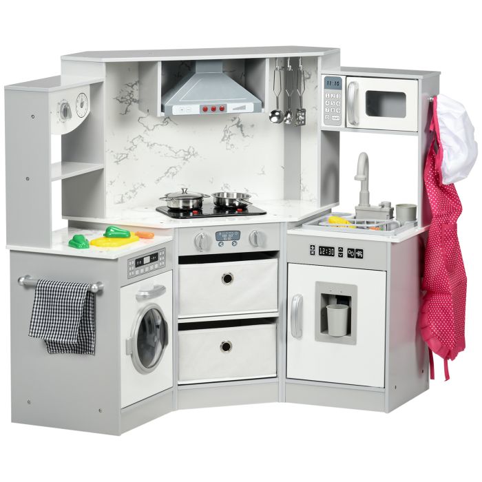 AIYAPLAY Toy Kitchen with Running Water, Lights Sounds, Apron and Chef Hat, Water Dispenser, for 3-6 Years Old - Grey