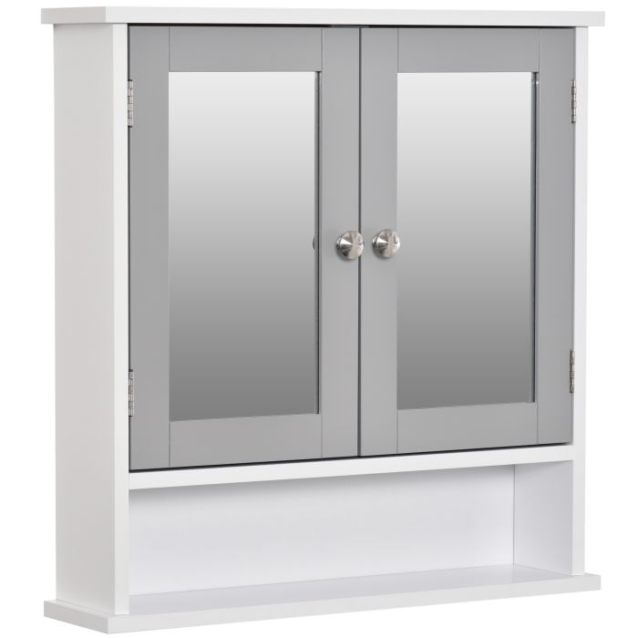Mirror Cabinet Wall Mounted with Double Mirrored Doors, Hanging Cabinet with Cupboard and Shelf, Bathroom Wall Storage Organizer, Grey