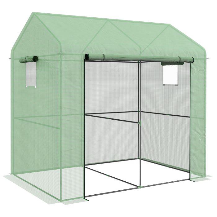 Greenhouse, Walk-in Garden Grow House with Roll-up Door and Mesh Windows, 200 x 140 x 200cm, Green
