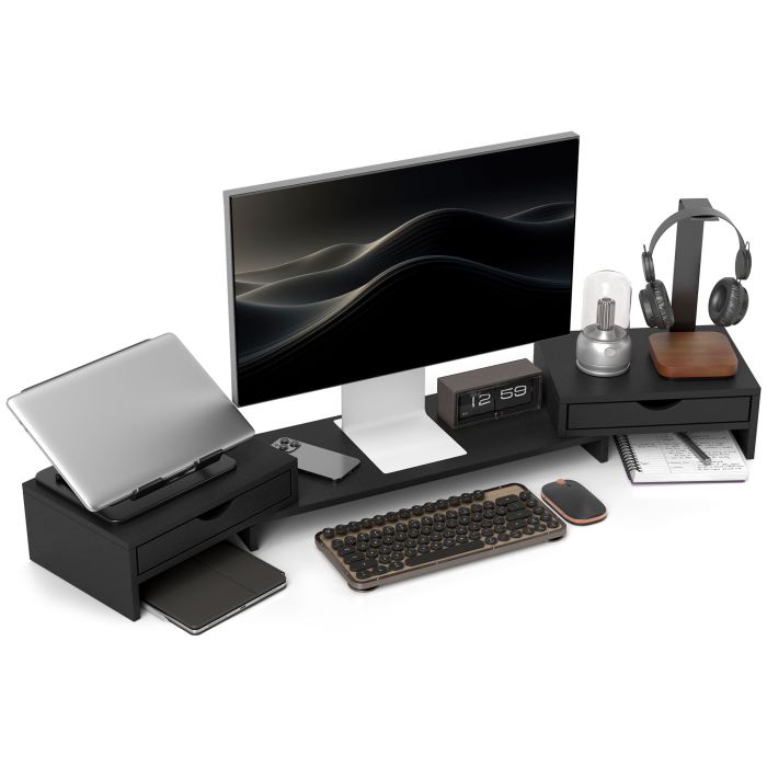 HERON Dual Monitor Stand Riser with 2 Drawers, Adjustable Length and Angle, 116cm Monitor Riser for Laptop, Computer, PC, Small Printer, Black