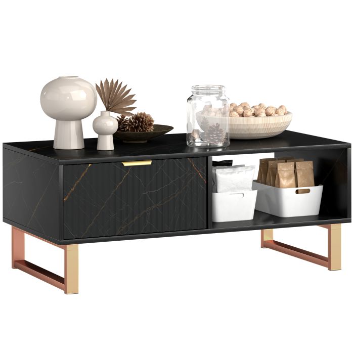 HERON Elegant Marble Effect Storage Coffee Table - Black