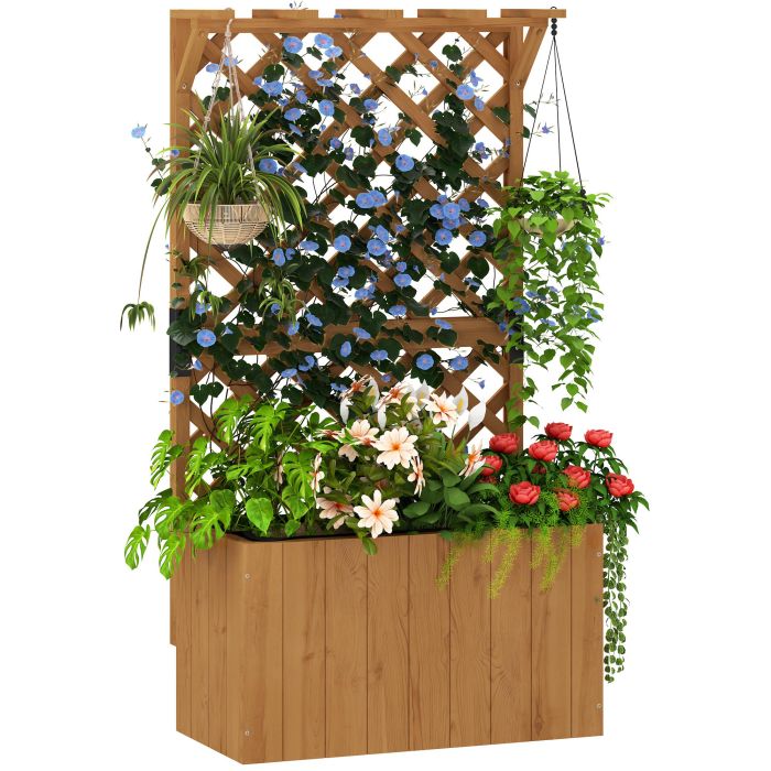 SUNVISTA Wooden Planter with Trellis, Raised Bed with Drainage, Natural Finish