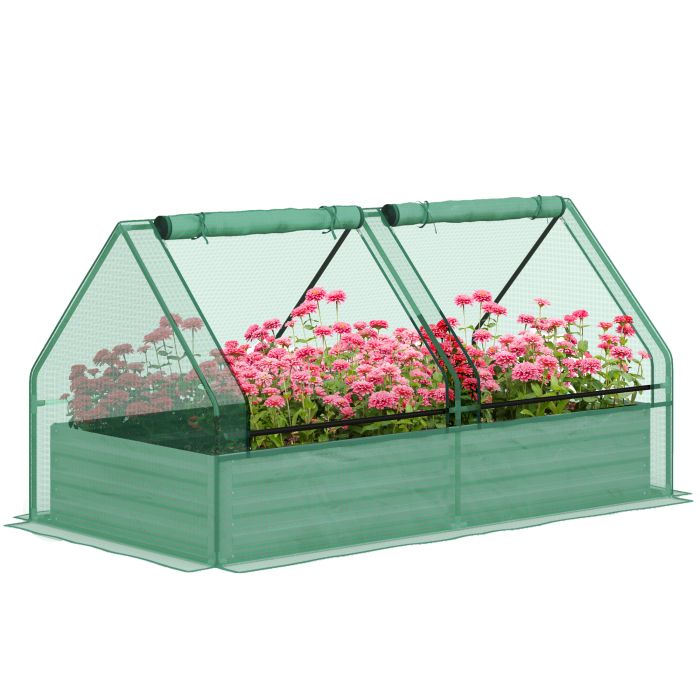 Metal Planter Box with Cover, Raised Garden Bed with Greenhouse, for Herbs and Vegetables, Green and Dark Grey