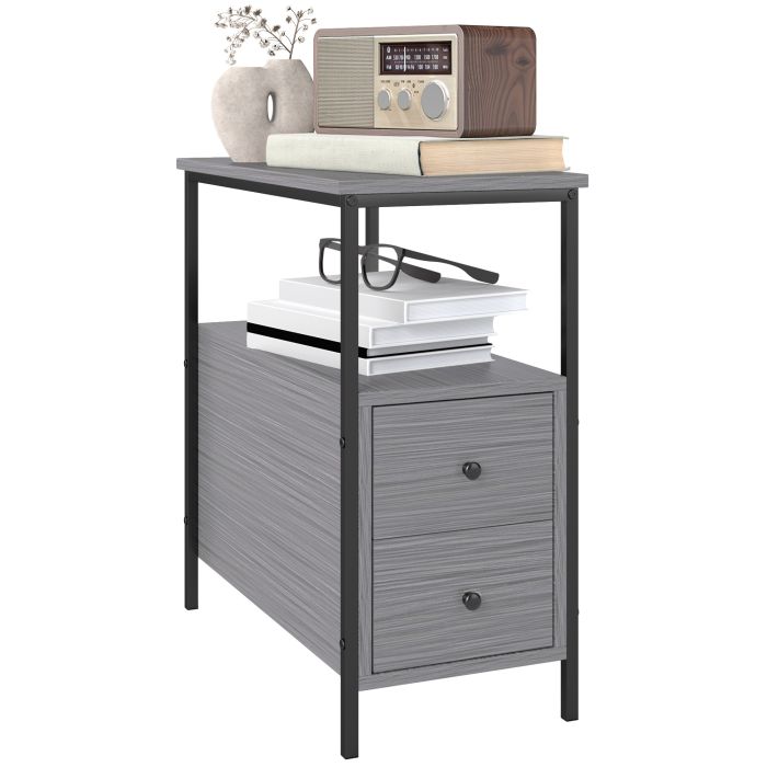HERON Side Table, Narrow Bedside Table with 2 Drawers and Storage Shelf, Industrial End Table with Metal Frame for Small Spaces, Grey Wood Grain