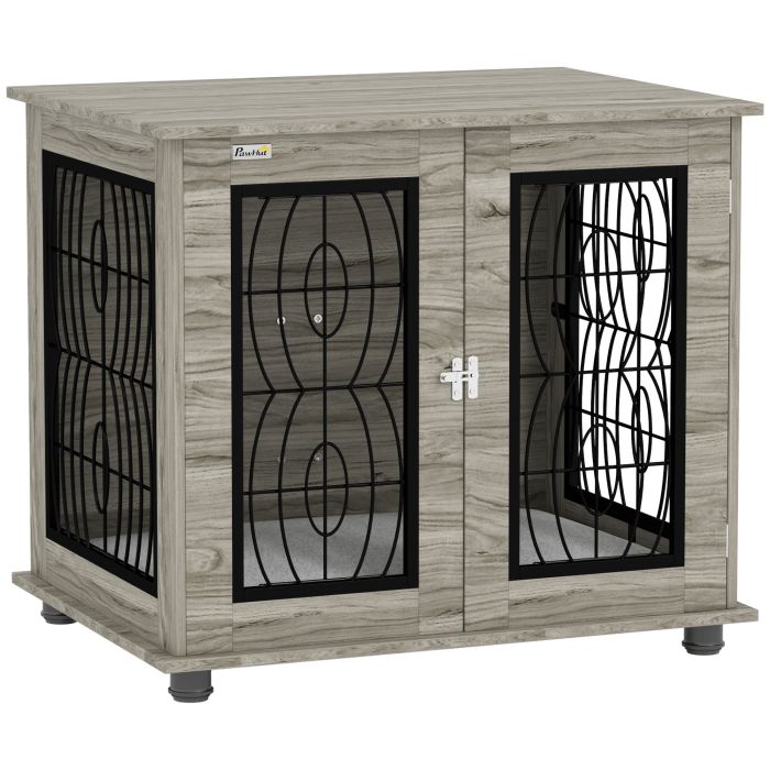 Indoor Dog Crate Furniture 29.5 inch End Table with Soft Washable Cushion, Lockable Front Door - Grey