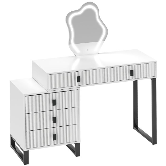 HERON LED Lighted Dressing Table with Leaf Shape Mirror, Modern Vanity Desk with 5 Drawers, Makeup Desk with Fluted Panels, White