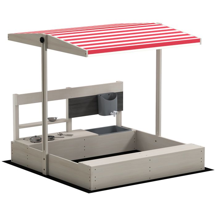 Kids Wooden Sandbox w/ Canopy, Kitchen Toys, Seat, Storage, for 3-7 Years Old Outdoor Play