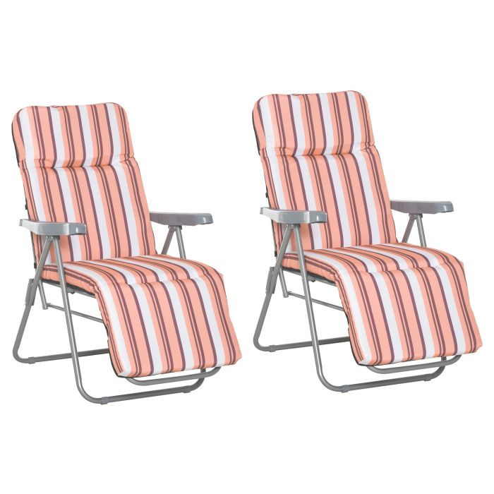 Set of 2 Garden Sun Lounger Outdoor Reclining Seat Cushioned Seat Foldable Adjustable Recliner Orange and White