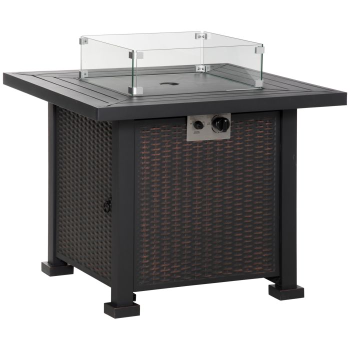 Square Propane Gas Fire Pit Table, 50000 BTU Rattan Smokeless Firepit Patio Heater w/ Glass Screen, Beads and Lid, 82cm x 82cm x 66cm, Black