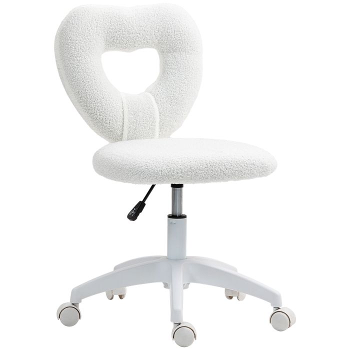 HERON White Heart Armless Desk Chair, Teddy Fleece Swivel Makeup Vanity Chair with Wheels & Height Adjust