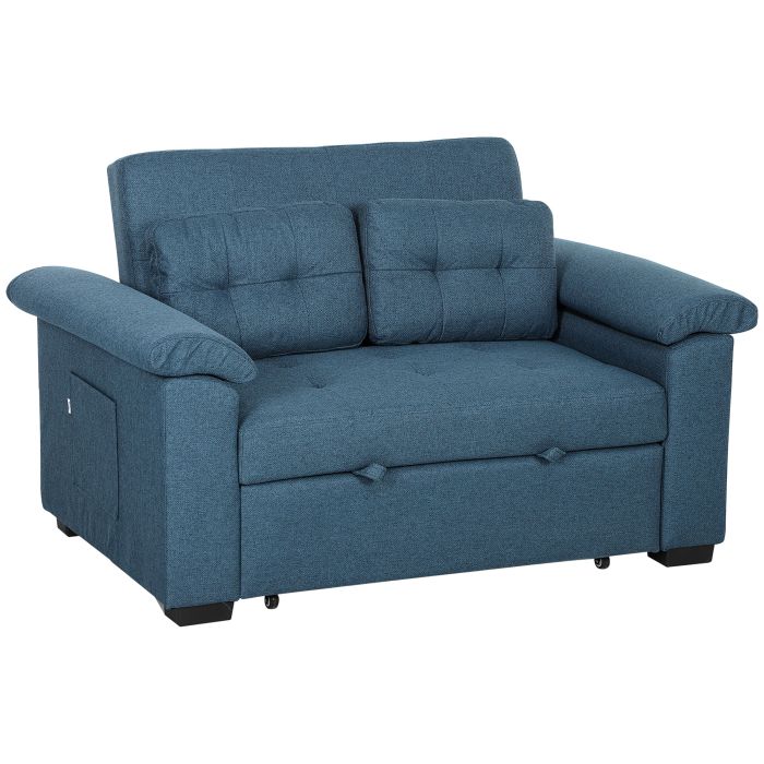 HERON Pull Out Sofa Bed, 2-Seater Fabric Click Clack Couch with Pillows & Storage Pockets, Blue