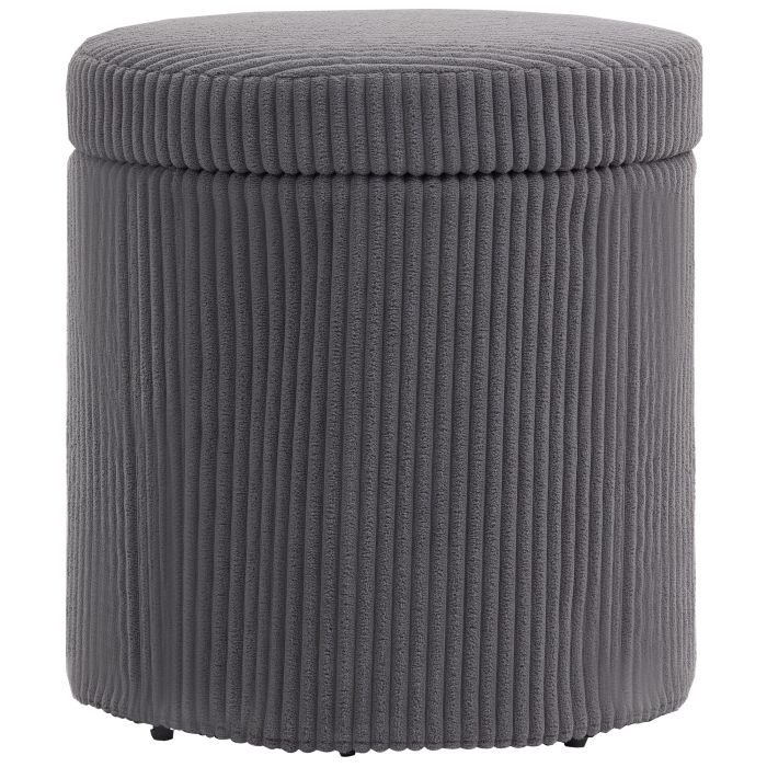 HERON 40cm Round Storage Ottoman, Corduroy Footstool with Removable Lid and Legs, Vanity Stool for Living Room, Bedroom, Grey