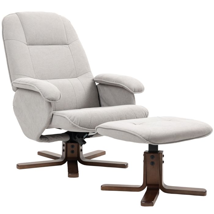 HERON Linen Swivel Recliner Chair with Footstool, Upholstered Reclining Armchair with Wooden Base for Living Room, Light Grey