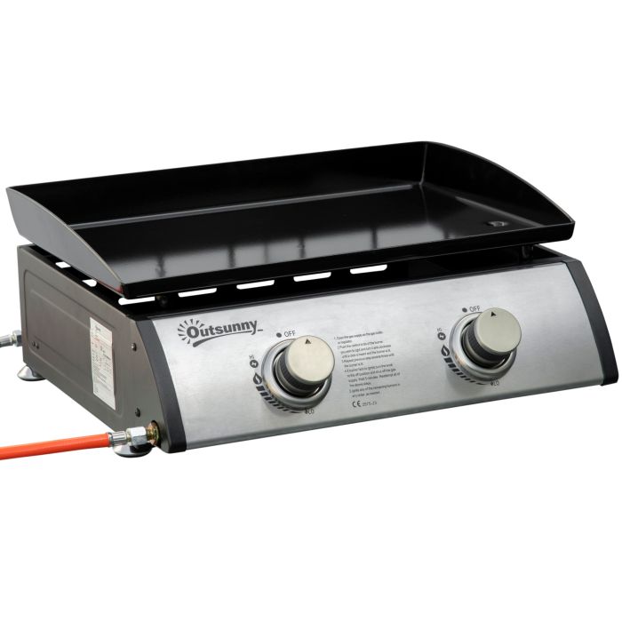 Gas Plancha Grill with 2 Stainless Steel Burner, 6kW, Portable Tabletop Gas BBQ w/Non-Stick Griddle for Camping Picnic Garden Party Festival
