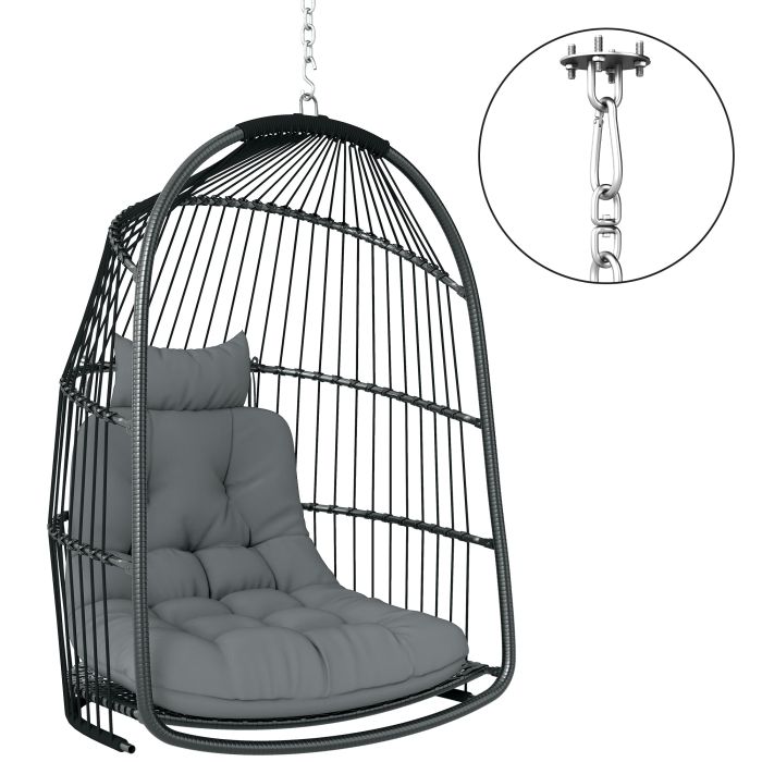 SUNVISTA Hanging Egg Chair, Foldable Rattan Swing Chair with Cushion & Headrest, Dark Grey